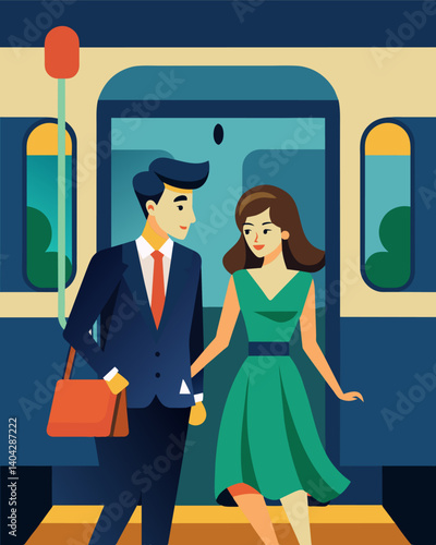 A couple takes the subway to their date night destination avoiding the expense of a taxi or rideshare.. Vector illustration