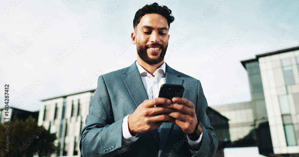 City, businessman and typing with phone for trading, online investment or happy with communication. Man, employee or trader with smile on mobile smartphone for stock market, finance app or network City, businessman and typing with phone for trading, online investment or happy with communication. Man, employee or trader with smile on mobile smartphone for stock market, finance app or network