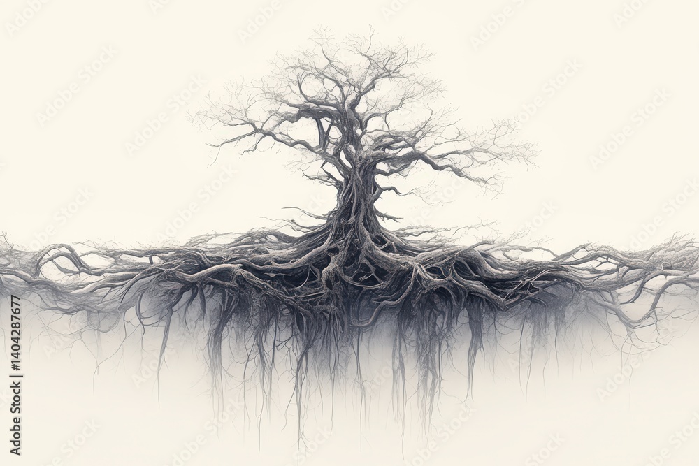 Obraz premium A large, ancient tree with exposed, sprawling roots against a stark white background