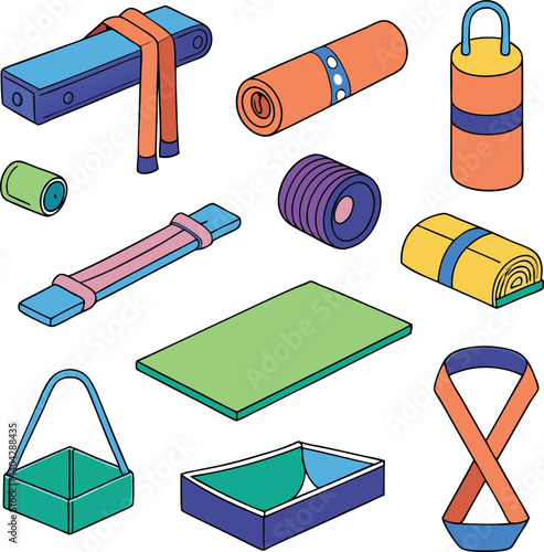 Yoga and Fitness Essentials: A vibrant assortment of yoga mats, resistance bands, and other fitness accessories arranged in a captivating graphic display.