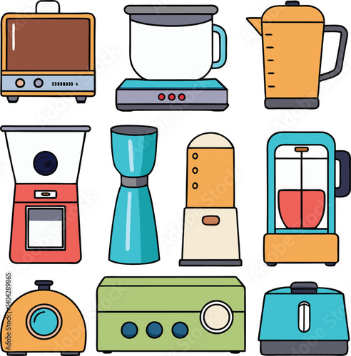 Kitchen Appliance Icons: A colorful collection of retro kitchen appliance icons, featuring an oven, coffee maker, blender, mixer, toaster and more, ideal for web design, digital projects, and more. 