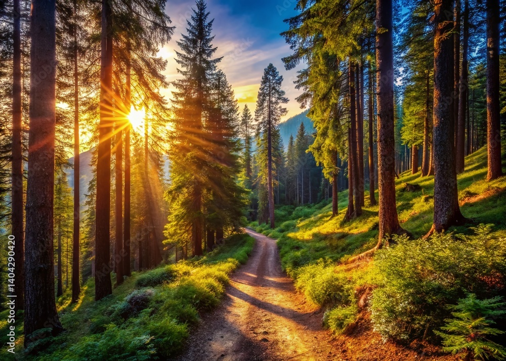Obraz premium Majestic Mountain Trail Through Pine Forest: Scenic Hiking Path in Wilderness