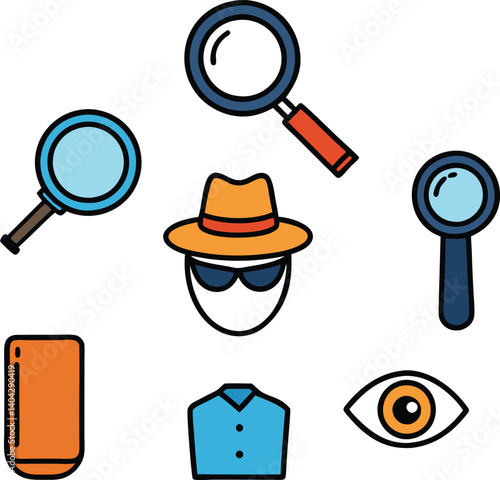 Detective's Toolkit: A set of colorful line icons representing the essential tools of a detective: magnifying glasses, a fedora hat, sunglasses, an eye, a shirt, and a phone.