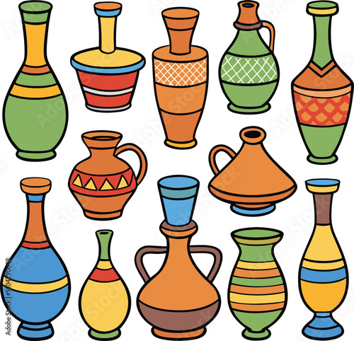Ancient Vessels: A collection of vibrantly colored ceramic vases, each uniquely designed, embodying the essence of ancient artistry, culture, and historical heritage.