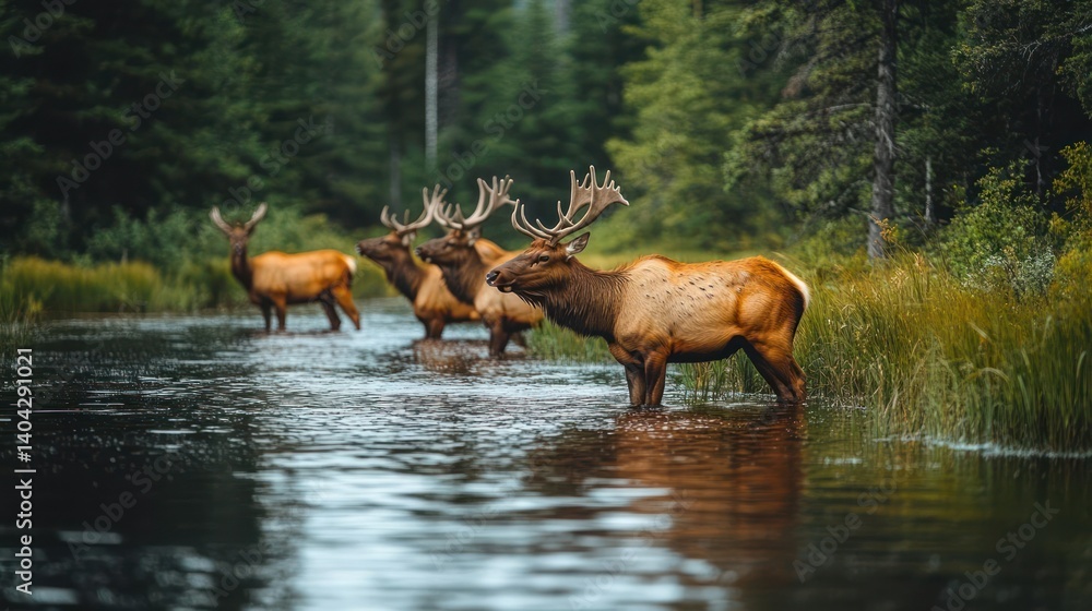 Fototapeta premium Majestic Elk Crossing a Stream in a Lush Forest
