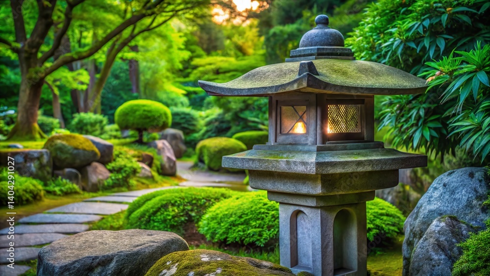 Serene Japanese Garden Stone Lantern: Gray & Green Artistic Outdoor Lamp Sculpture Serene Japanese Garden Stone Lantern: Gray & Green Artistic Outdoor Lamp Sculpture