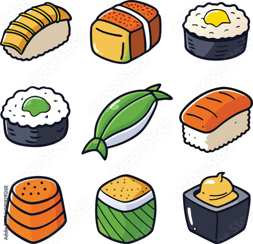 Sushi Variety: An array of colorful and appetizing sushi pieces, showcasing the diversity and artistry of Japanese cuisine, each piece a miniature work of culinary art, set against a clean backdrop.