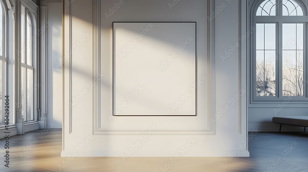 Fototapeta premium Minimalist bedroom interior with large blank poster on white wall. 3D Rendering, 