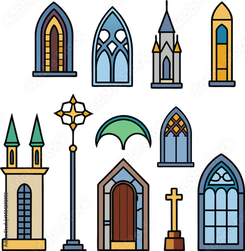 Elegant Architectural Array: An artistic, graphic assortment of different church building's design, with varied arches and intricate stained glass details