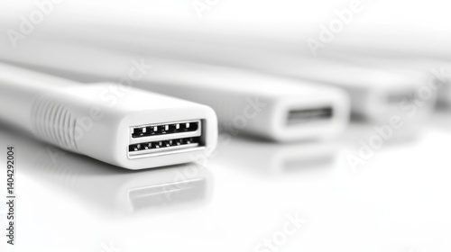 Close-Up View of Multiple White USB Connectors on a Smooth Surface with Reflections