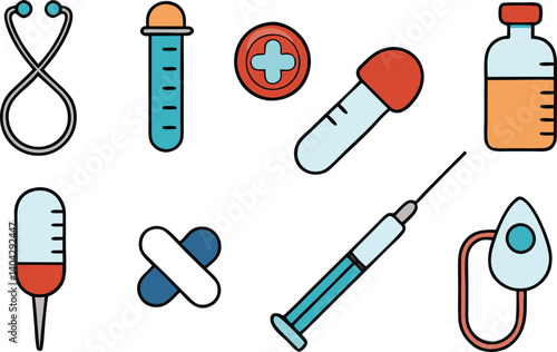 Medical Supplies Icon Set: A vibrant collection of medical icons representing essential tools of the healthcare industry, including a stethoscope, test tube, syringe, bandages, medicine bottle.
