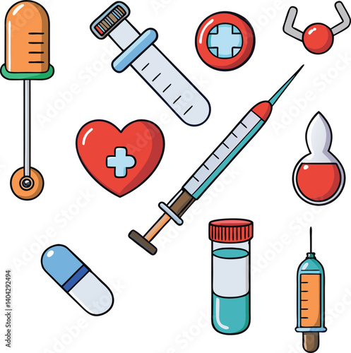Medical Essentials: An illustrated arrangement of essential medical tools. Featuring syringes, capsules, heart symbol, and various instruments.