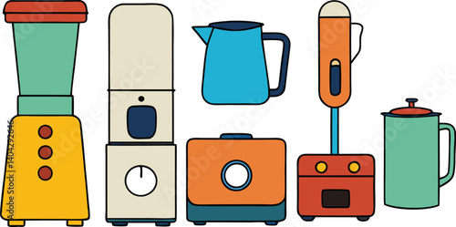 Kitchen Appliances Collection: A vibrant collection of retro-styled kitchen appliances, including a blender, coffee maker, kettle, hand mixer, toaster, and cooker.