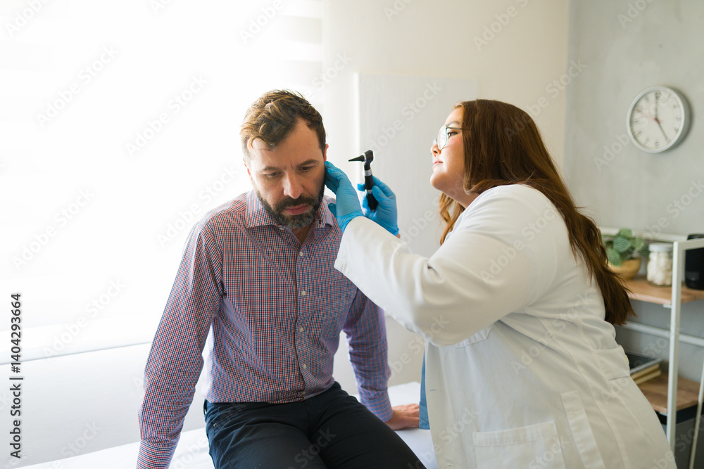 Obraz premium Plus-size doctor wearing gloves using an otoscope examining ear of male patient sitting on examination table in doctor's office
