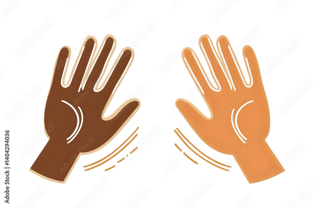 Fototapeta premium Illustration Of Two Hands Waving With Brown And Orange Skin Colors On Transparent Isolated Background