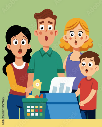 A family of four stares in disbelief at the total on the cash register after filling their shopping cart with groceries.. Vector illustration