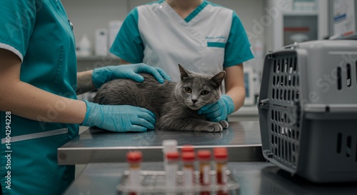 Veterinary Professionals Examining a Gray Cat on Examination Table