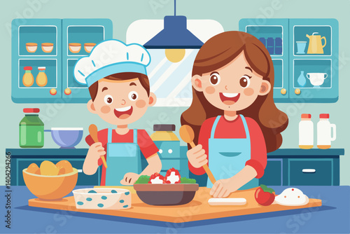 A girl helming mom with cooking 