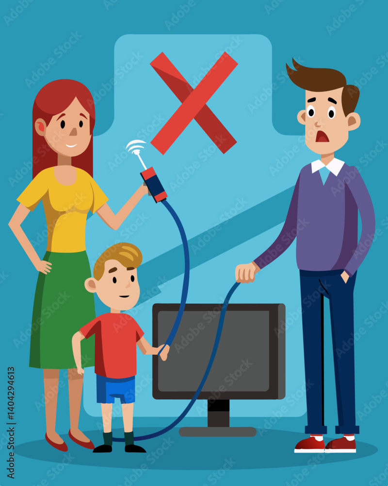 A family chooses to downgrade their cable package and give up premium channels in order to save money.. Vector illustration