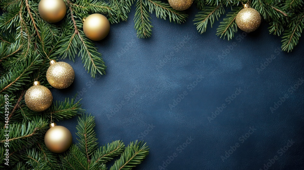 elegant christmas and new year background featuring lush evergreen fir branches adorned with glistening golden baubles on a deep navy blue textured backdrop elegant christmas and new year background featuring lush evergreen fir branches adorned with glistening golden baubles on a deep navy blue textured backdrop