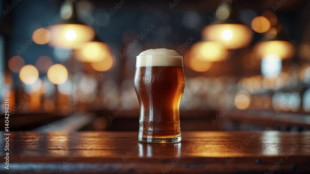 Close-up low-angle shot of a traditional pint-style beer tumbler brimming with golden malt and hop ale, frothy on top, resting on a wooden bar surface with a dark, blurred backdrop. Close-up low-angle shot of a traditional pint-style beer tumbler brimming with golden malt and hop ale, frothy on top, resting on a wooden bar surface with a dark, blurred backdrop.
