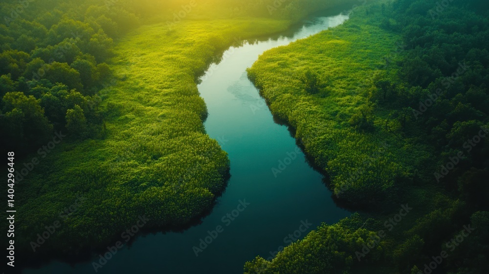 Obraz premium Emerald river meanders through lush green landscape under radiant sunlight
