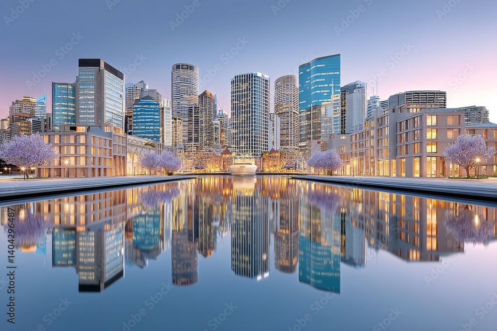 Obraz premium A city skyline during golden hour with reflections on high-rise windows