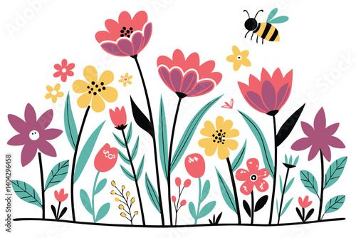 Beautiful spring floral vector illustration with tulip blossoms and butterflies in a garden design