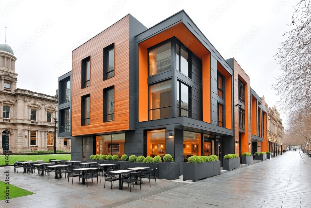 Naklejka premium A corner block with street-level restaurants and bold facade geometry