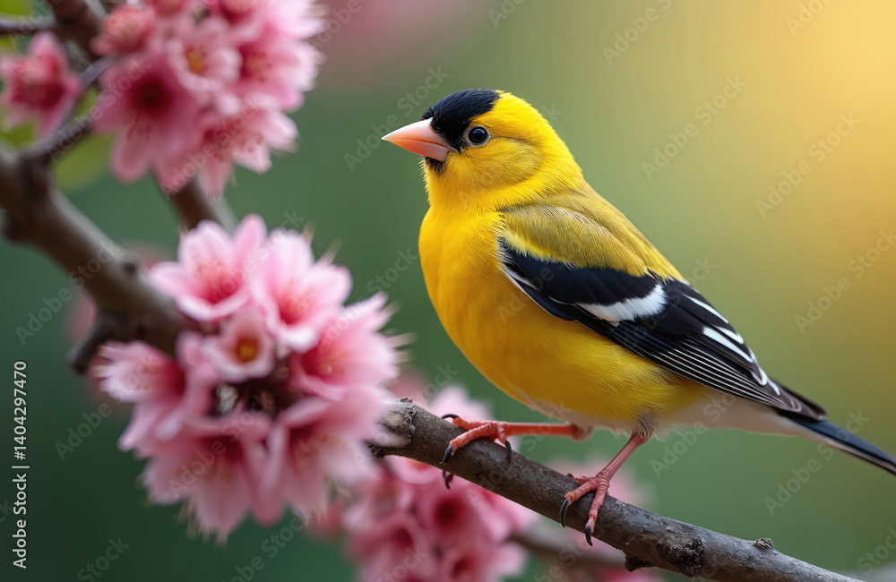 Obraz premium Yellow finch bird sits on branch near blooming pink flowers. Vibrant illustration captures avian beauty in natural setting. Perfect for nature enthusiasts, eco-conscious brands, educational content.