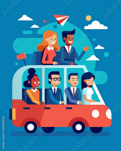 A group of colleagues carpooling to a coworking space instead of each using their own vehicles to commute to the office.. Vector illustration