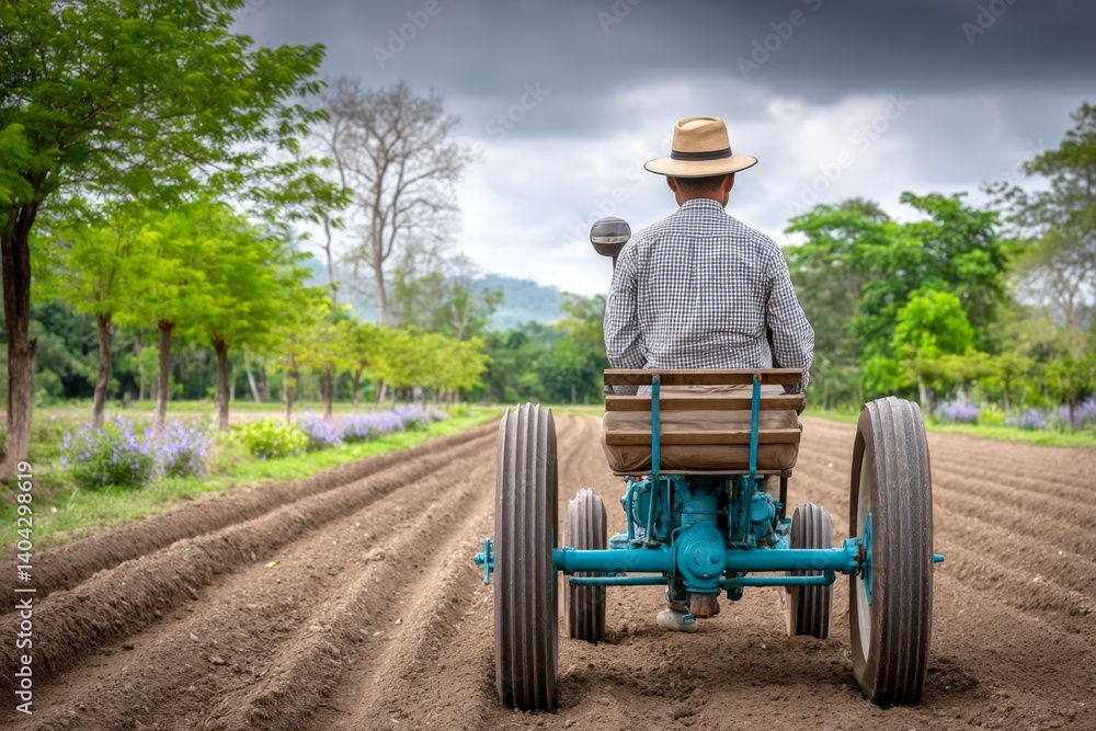 Obraz premium A man on a tractor plowing a rice field
