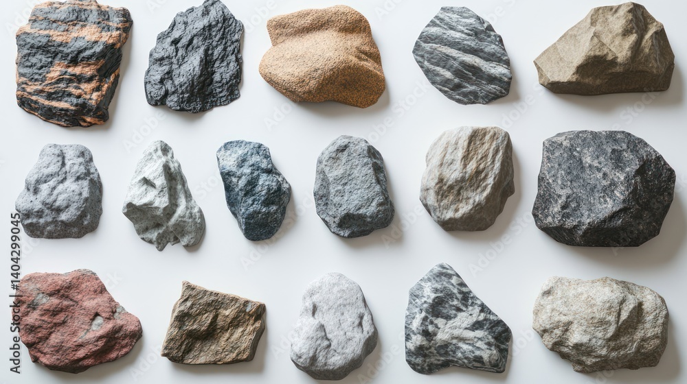 Diversity of Geological Formations: A Collection of Rocks Displayed Against a White Backdrop Diversity of Geological Formations: A Collection of Rocks Displayed Against a White Backdrop