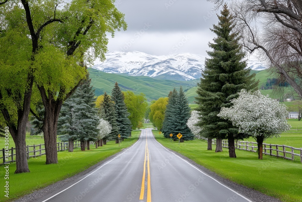 Fototapeta premium A scenic rural road leading to a distant mountain