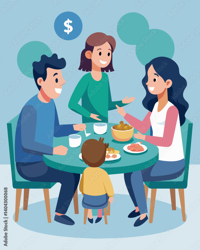 A family at the dinner table discussing whether or not they should start ting back on expenses in case the economy takes a turn.. Vector illustration A family at the dinner table discussing whether or not they should start ting back on expenses in case the economy takes a turn.. Vector illustration