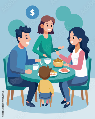 A family at the dinner table discussing whether or not they should start ting back on expenses in case the economy takes a turn.. Vector illustration