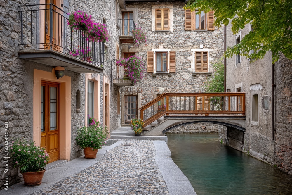 A small wooden bridge over a narrow stream in the village A small wooden bridge over a narrow stream in the village