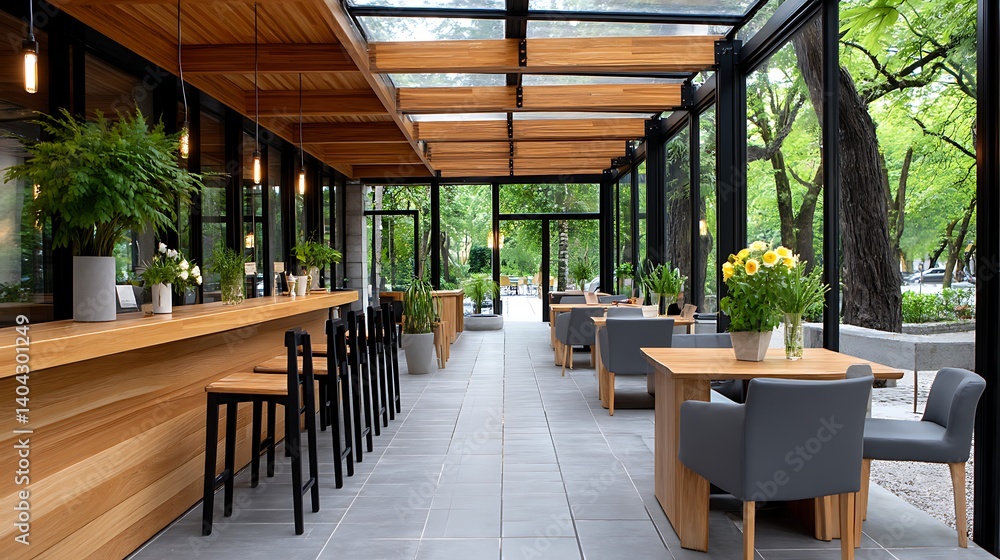 Fototapeta premium Modern Restaurant Interior Design Wooden Bar Glass Walls Outdoor View