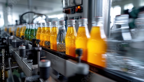 Bottles on an automated assembly line in a beverage factory, showcasing modern industrial technology and efficiency.