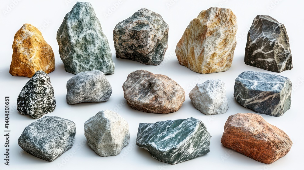 Diverse rock collection isolated on white providing geological textures and formations Diverse rock collection isolated on white providing geological textures and formations