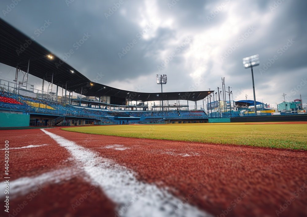 Fototapeta premium Empty baseball stadium with dramatic stormy sky and vibrant field.