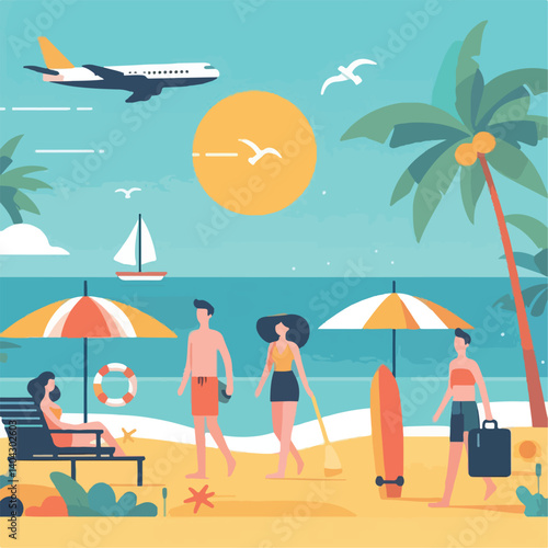 vector image of people on holiday to the beach happily