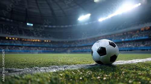Soccer ball on field under stadium lights, ready for game.