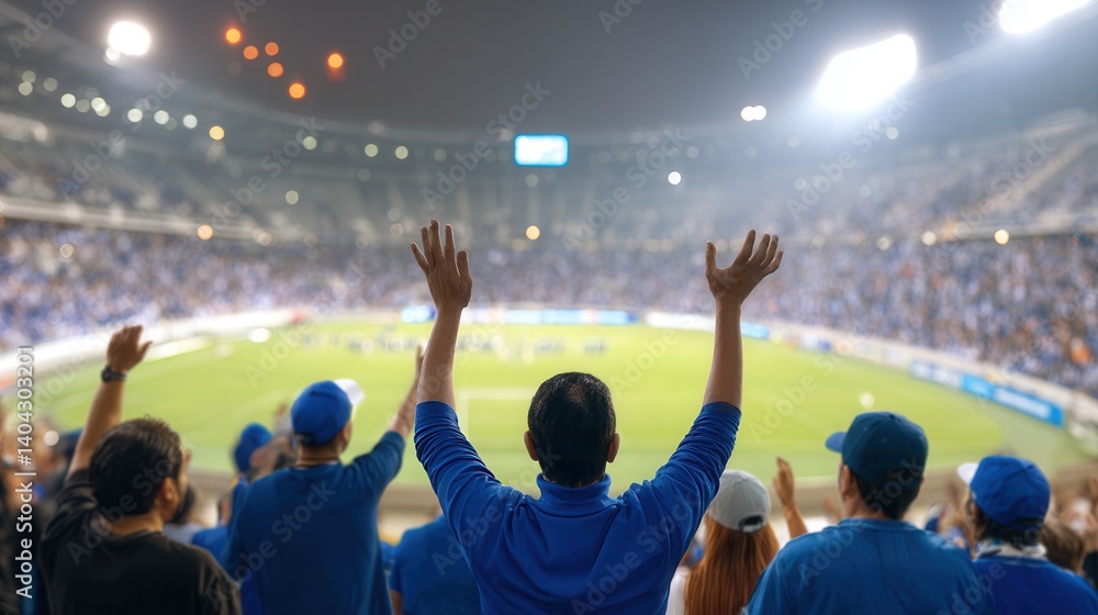 Fototapeta premium Fans celebrate a soccer victory under bright stadium lights, cheering with joy and unity.