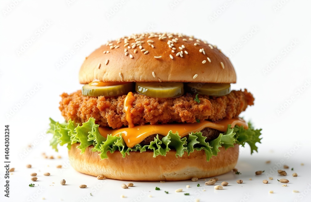 Tasty fried chicken sandwich with cheese pickles and lettuce on white background. Perfect food delivery or take away meal for lunch or dinner. Fast food burger isolated on white. Tasty fried chicken sandwich with cheese pickles and lettuce on white background. Perfect food delivery or take away meal for lunch or dinner. Fast food burger isolated on white.