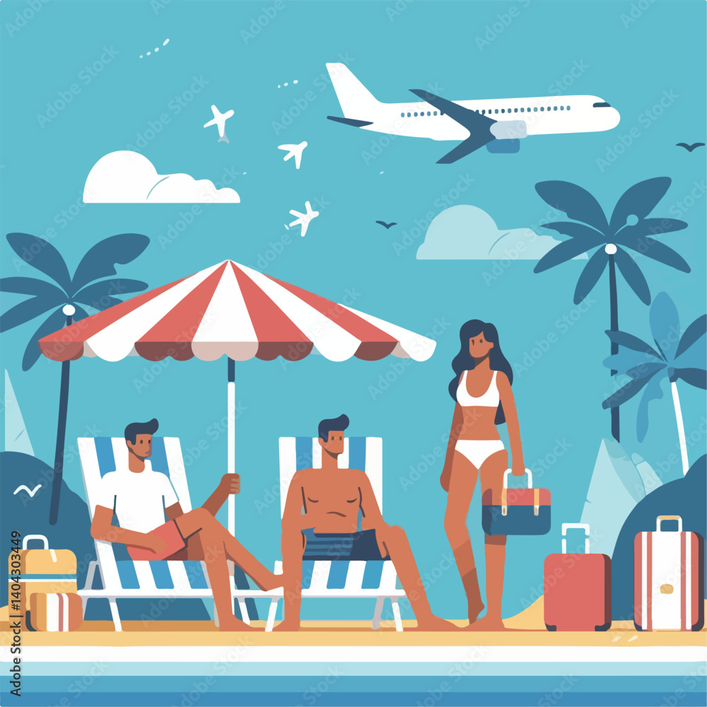 Fototapeta premium vector image of people on holiday to the beach happily