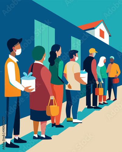 A line of people waiting patiently outside a community center as aid workers distribute bags of groceries and hygiene products.. Vector illustration
