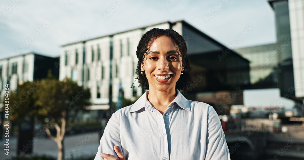 Obraz premium Portrait, smile and business woman in city for travel, commute and confident real estate agent. Happy worker, professional and realtor outdoor as housing consultant and property broker in Brazil