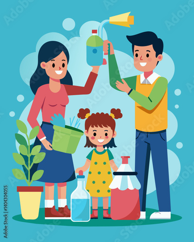 A family creating a homemade cleaning solution using natural ingredients saving money on expensive storebought cleaners.. Vector illustration