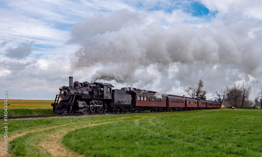 Naklejka premium A vintage steam locomotive rolls along a grassy track, billowing smoke against a picturesque rural backdrop of fields and overcast skies. The scene captures the essence of classic train travel.